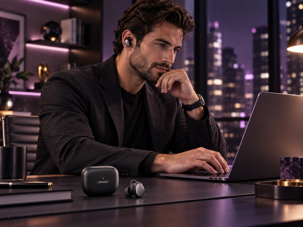 Entrepreneur wearing Bose QuietComfort Ultra Earbuds 2nd Gen while working on a laptop in a modern office.