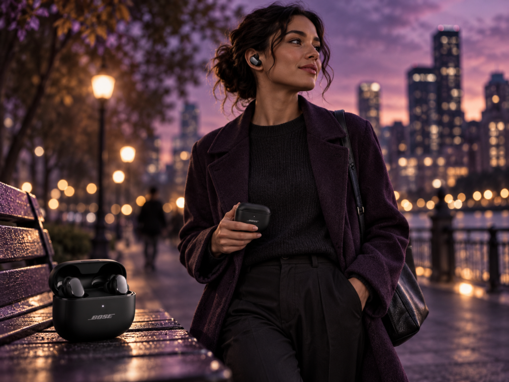 Woman wearing Bose QuietComfort Ultra Earbuds 2nd Gen and holding their charging case during an evening walk along a city waterfront.
