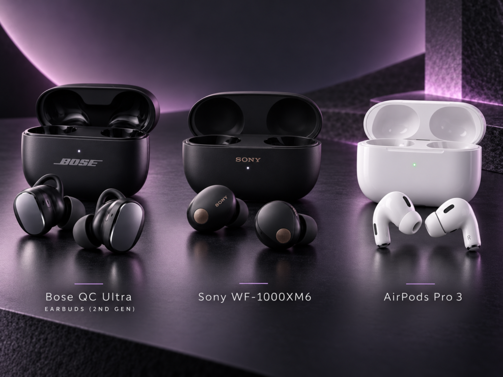 Bose QuietComfort Ultra Earbuds 2nd Gen compared side by side with Sony WF-1000XM6 and Apple AirPods Pro 3 earbuds and charging cases.
