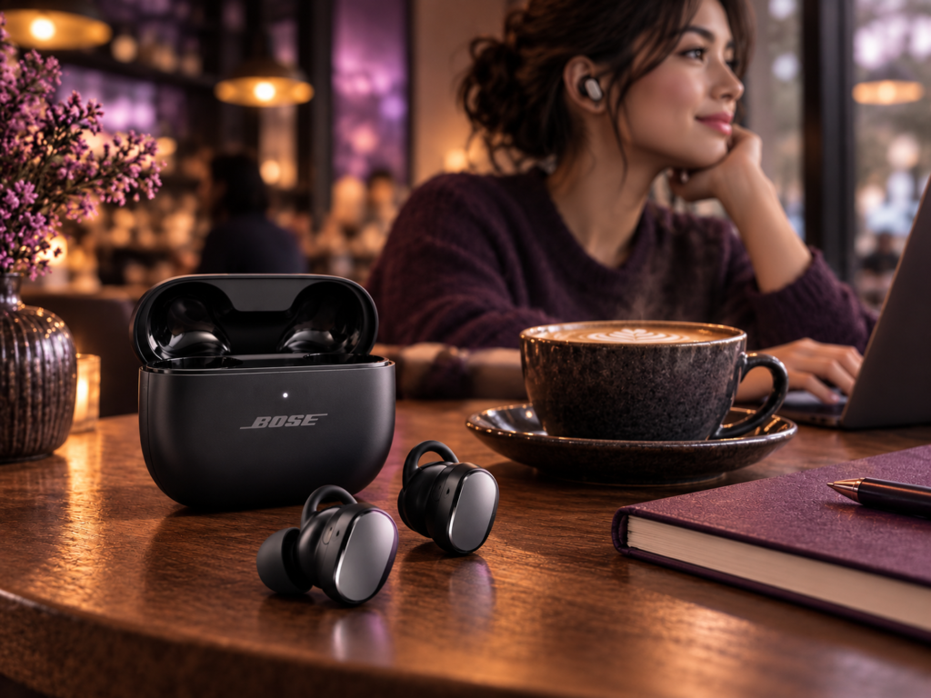 Bose QuietComfort Ultra Earbuds 2nd Gen and charging case on a cafe table while a woman wearing an earbud works on her laptop.