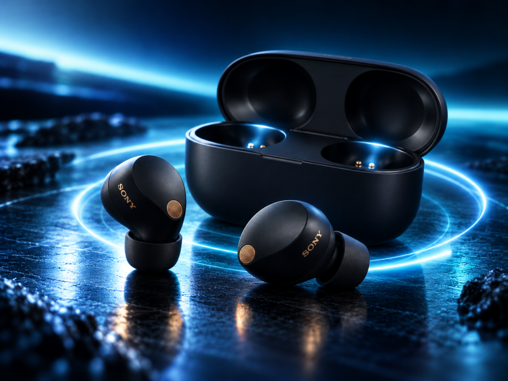 Sony WF-1000XM6 black wireless earbuds and open charging case surrounded by glowing blue circular light effects.