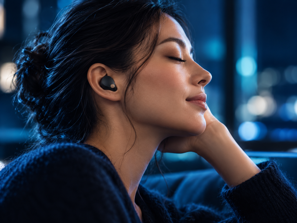 Woman relaxing with a black wireless earbud fitted in her ear, photographed in soft blue evening lighting.