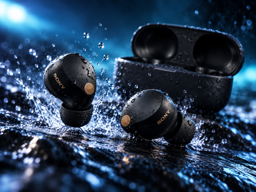Sony WF-1000XM6 Review black earbuds and charging case surrounded by water splashes and droplets under blue lighting.