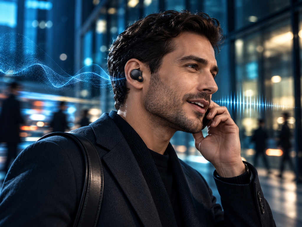 Business professional wearing a black wireless earbud during a call in a city setting, with blue voice-wave graphics.
