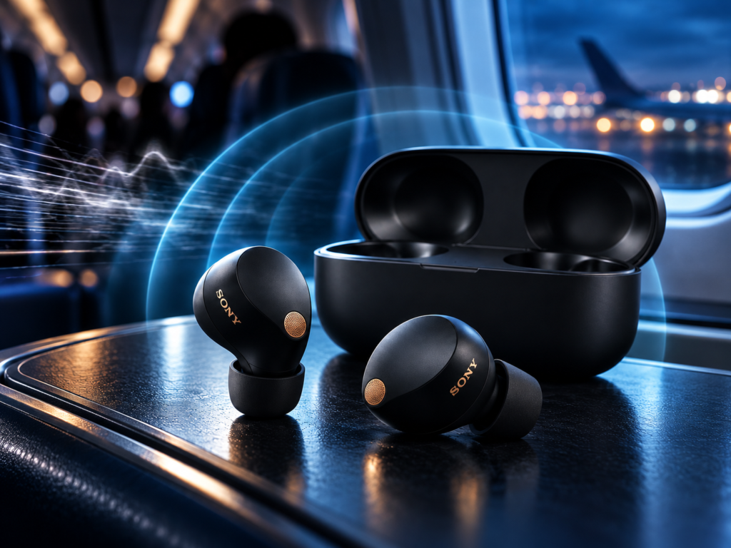 Sony WF-1000XM6 noise-cancelling earbuds and charging case on an airplane tray beside a window, with blue sound-wave effects.