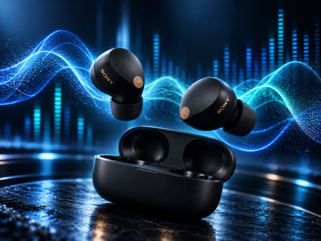 Sony WF-1000XM6 wireless earbuds floating above an open charging case with blue audio waveforms and equalizer graphics.