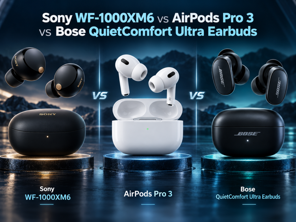 Sony WF-1000XM6 vs AirPods Pro 3 vs Bose QuietComfort Ultra Earbuds comparison image showing the earbuds and charging cases side by side.